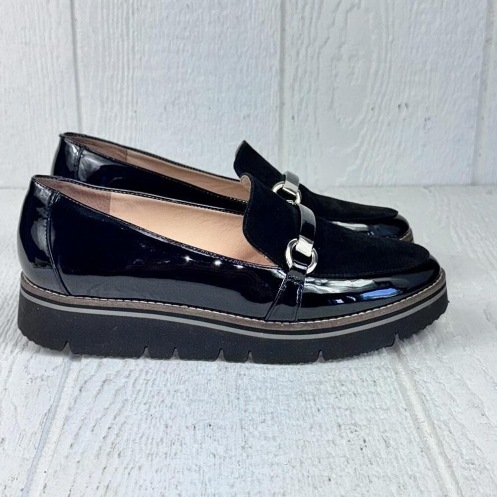 Alex Marie Loafers Womens 9.5 Black Patent Suede Horsebit Lug Platform‎ Flaw - Picture 2 of 16